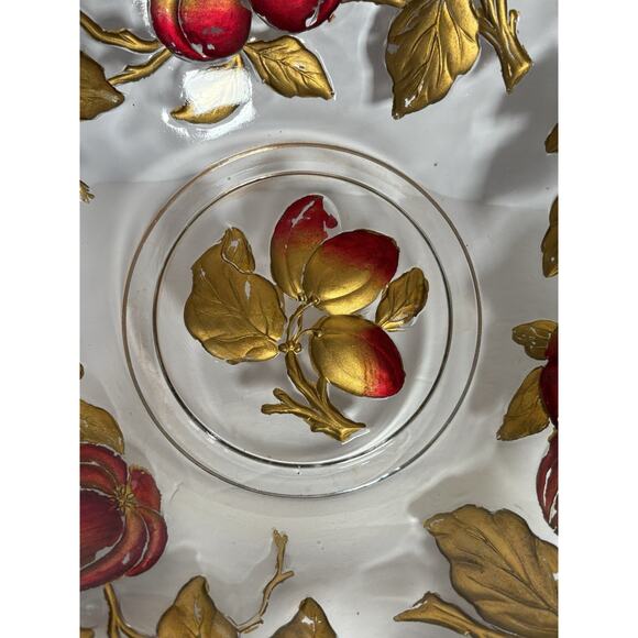Vintage Glass Intaglio Fruit Bowl Goofus Glass Ruffled Gold Rim Red Fruit - Picture 7 of 14